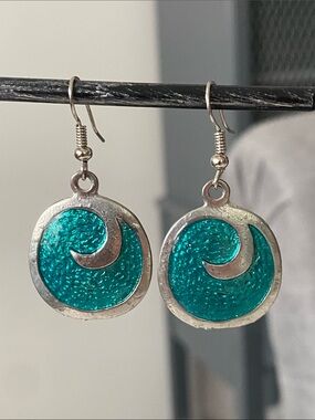 Teal Enamel Wave Swirl Dangle Earrings Silver Tone Boho Cottagecore Beach Resort
